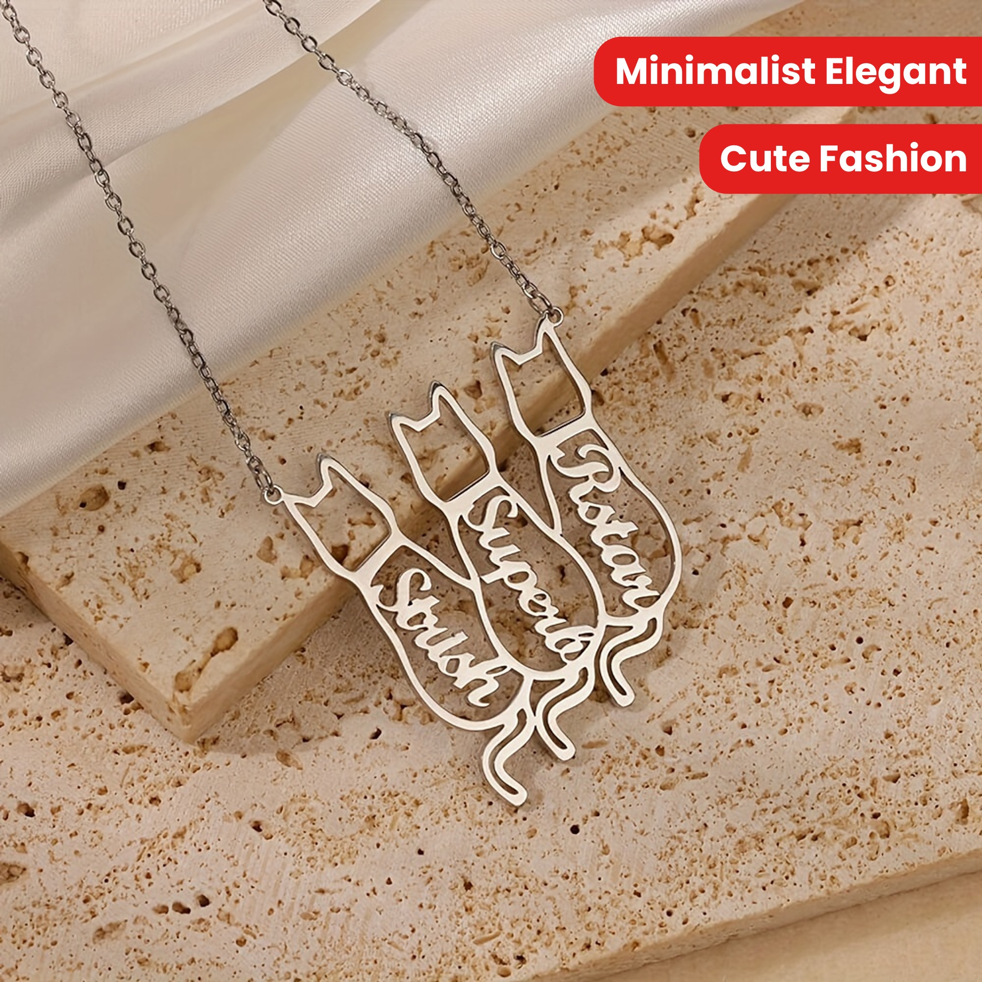 Custom Hollow Cat Silhouette Stainless Steel Necklace With English Names